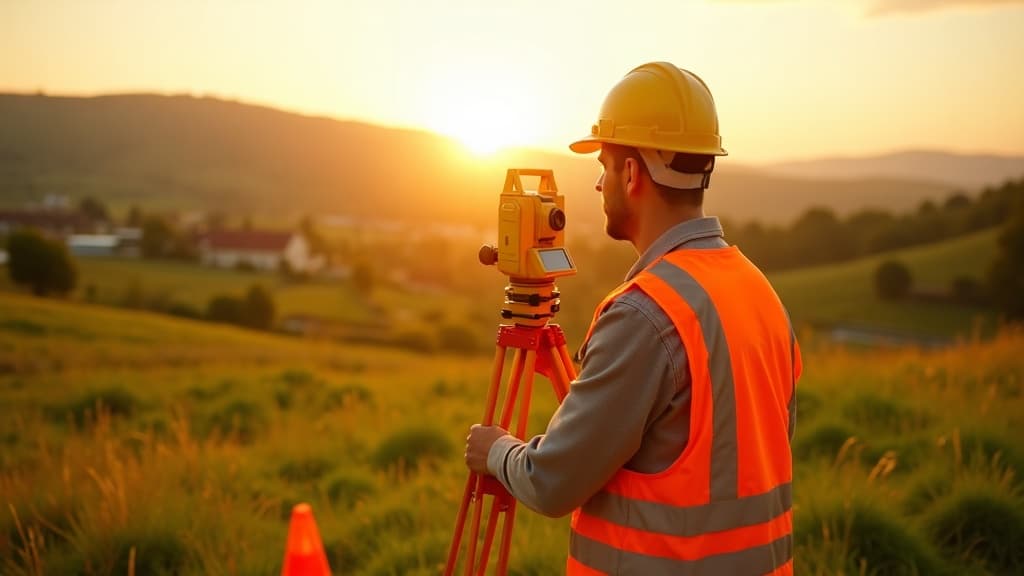 Land surveyor operating a total station theodolite at golden hour