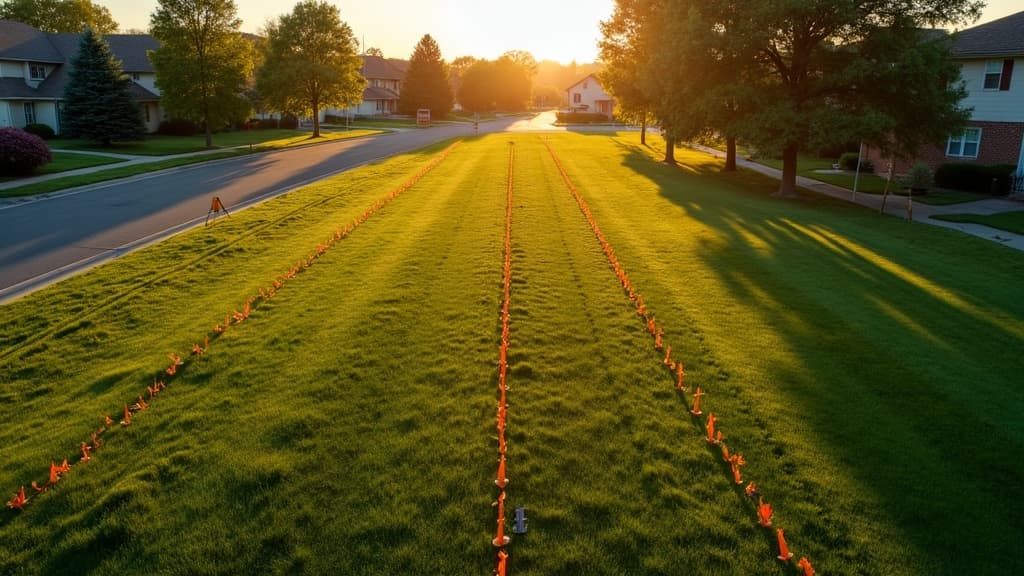 Aerial view of property boundaries marked with orange survey flags at golden hour