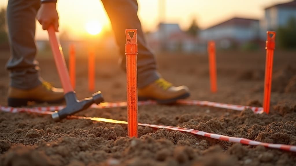 Construction staking site with orange stakes at golden hour